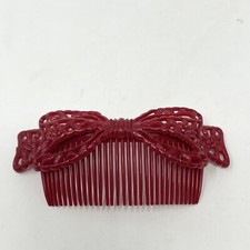 Vintage Tilco Hair Comb Red Bow Carved Romantic Scalloped Filigree USA Made