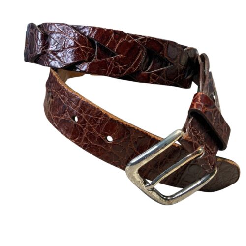 Cole Haan Belt Reptile Embossed Brown Leather Link Brass Buckle Size 32