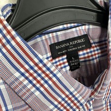 Banana Republic Mens L 16 16.5 34 35 Blue Tailored Slim Fit Shirt Red Plaid Work