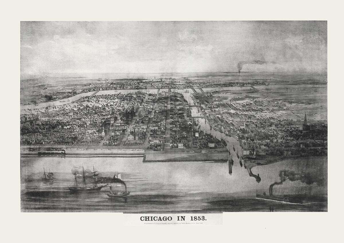 BIRD'S EYE PICTURE VIEW OF CHICAGO IN 1853~PUBLISHED 1884~11.5" X 16.5"