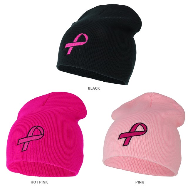 Breast Cancer Awareness Pink Ribbon Embroidered Short Beanie FREE