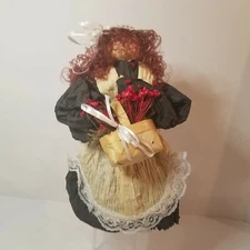 Vintage, Red Hair Maiden in Dress Holding Flower Basket, Primitive Paper Doll