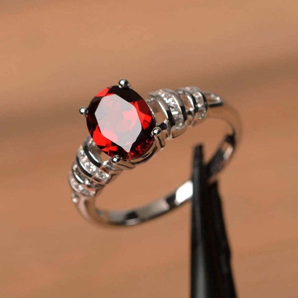 925 Sterling Silver Red Garnet Ring Oval Cut Natural Gemstone Women Minimal Ring Foto 2 de 4