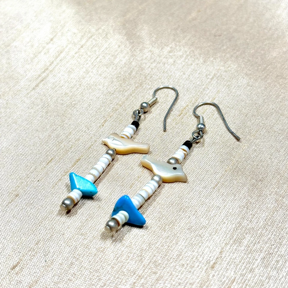 Pendientes Fetiche Pájaro Suroeste, Largo Cuelga Madreperla y Turquesa Foto 2 de 3