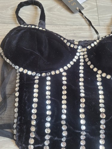 Starlet Black Crushed Velvet Embellished Zip Back Corset Top Size UK 8 RRP £65 - Picture 5 of 9