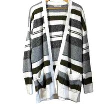 PINK CLOVER OPEN FRONT CARDIGAN SWEATER Women's Medium GREY GREEN STRIPE