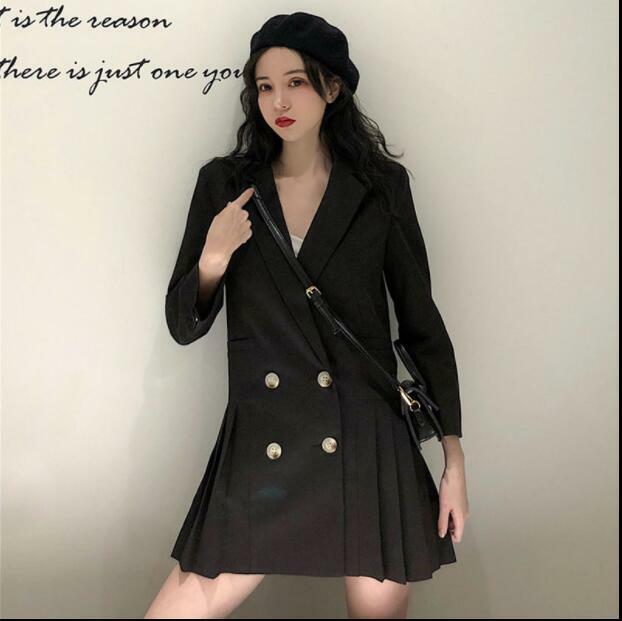 Womens Lapel Suit Dress Double-breasted Pleated Fashion Elegant Jacket  Dresses