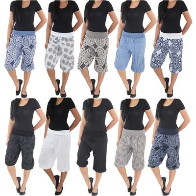 Damen Pump Strand Haremshose Aladin Capri Pluder Freizeit Stoff Bermuda 3/4 Hose