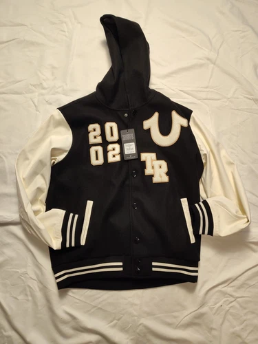 OFF WHITE Giacca Varsity True Religion uomo media con cappuccio jet nero sporco bianco a scatto davanti