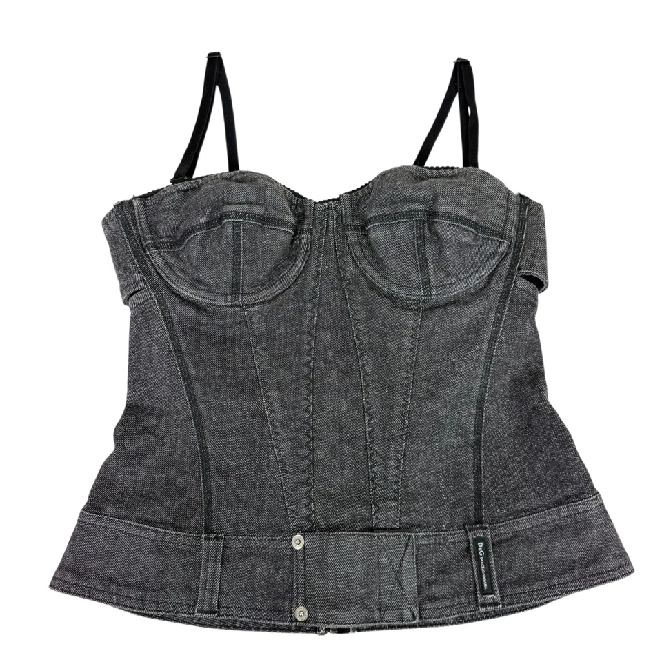 D&G Dolce & Gabbana Bustier Corsé Top Gris Denim Negro Encaje Ribete Talla S De Colección Foto 2 de 4