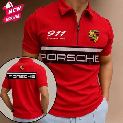 Personalized Name Porsche 911 Racing Red 3D Zip Polo Shirt Men S-5XL
