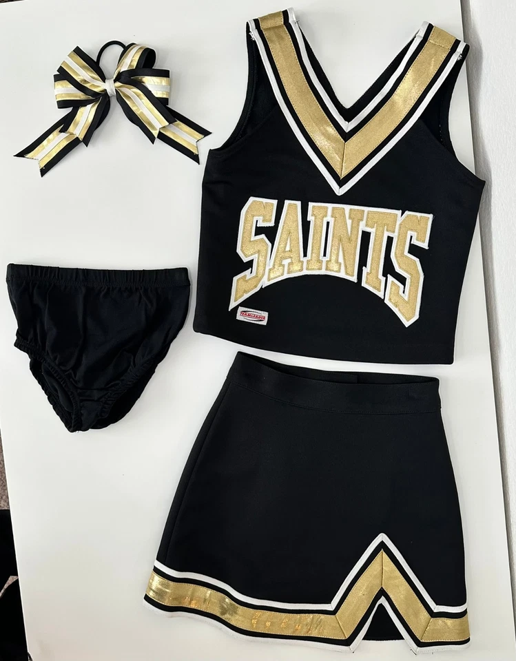 Teamleader SAINTS Cheerleader Uniform Set Youth XS Skirt Top Brief Bow Halloween - Image 2 of 4