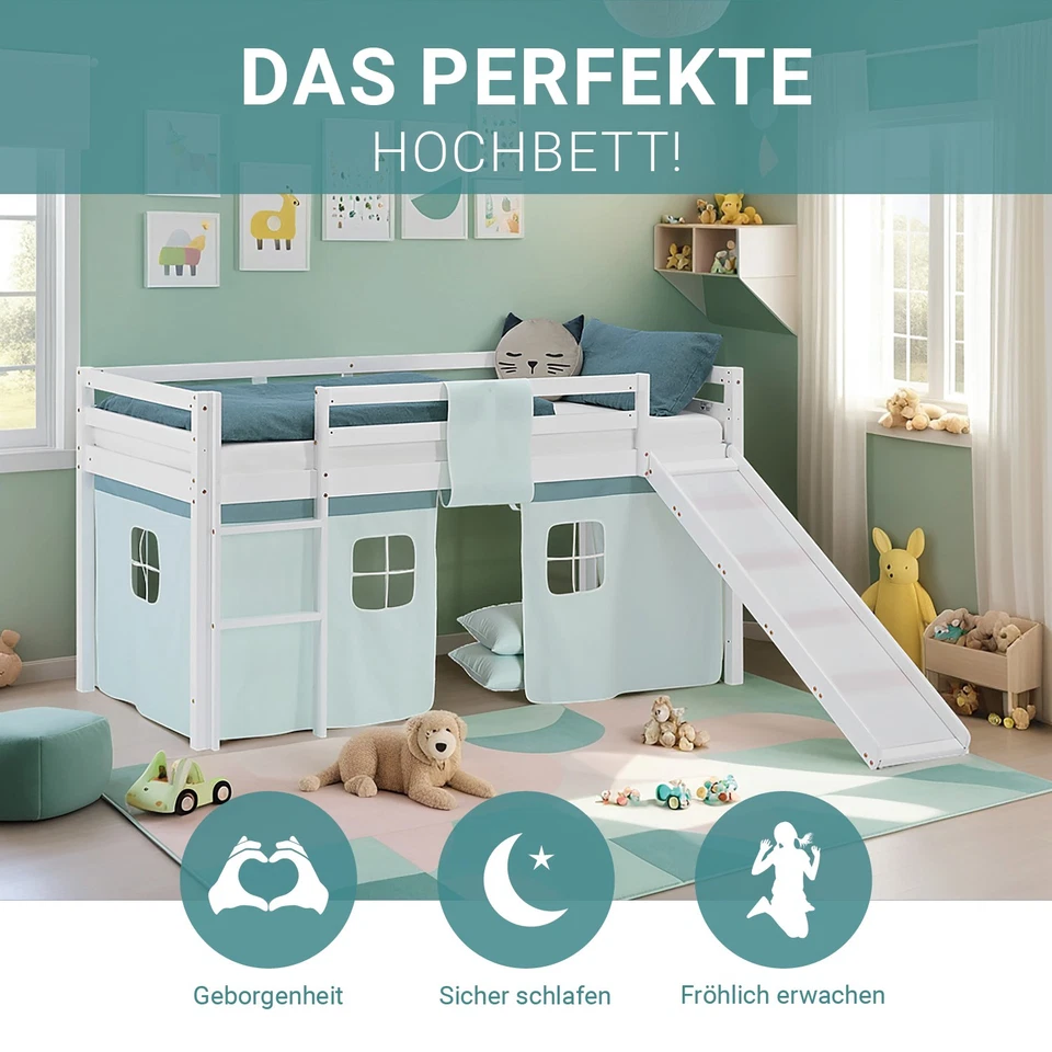 Hochbett 90x200 Kinderbett mit Rutsche Holz Weiß Vorhang Grün Mint Homestyle4u - Bild 4 von 4