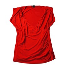 Chaps Womens Red Faux Wrap Top Blouse Size L Short Sleeve Career