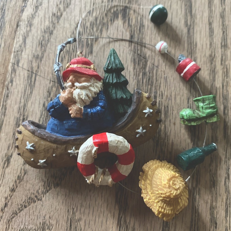 Vintage FISHING MOUNTAIN MAN IN CANOE Ornament Catching 6 Items Details UNIQUE