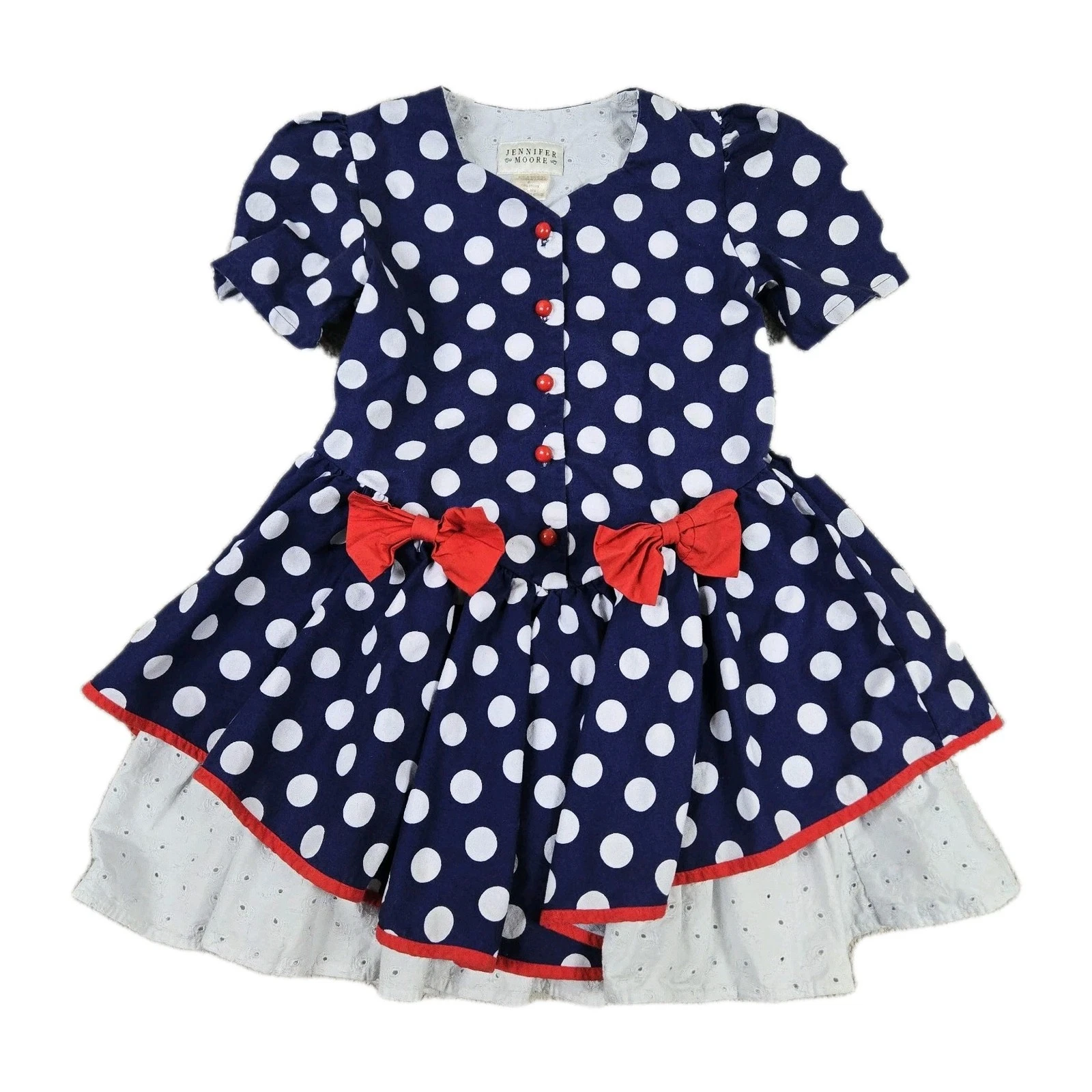 Jessica Moore Girls Dress 6 Blue Polka Dot Red Bows Button Retro Party Summer
