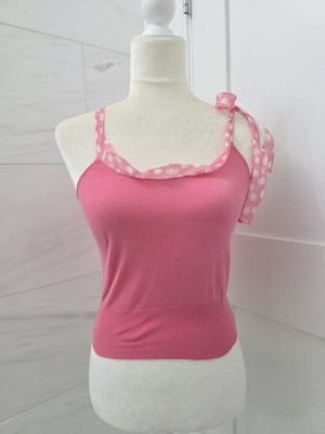 Vintage Blumarine Blugirl Pink Cotton Knit Stretch Tank Top Polka Dot Tie XS