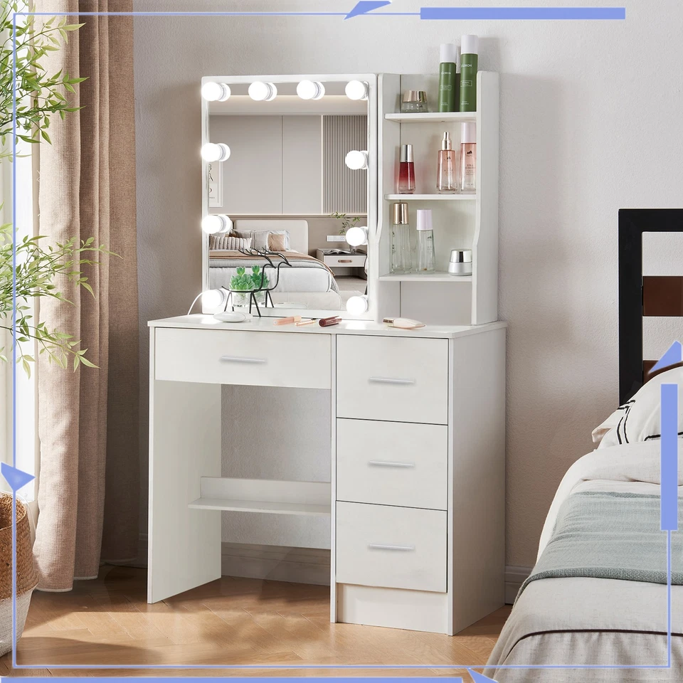 Tocador Moderno con Luces LED Espejo y 4 Cajones Tocador Escritorio Blanco Foto 3 de 4