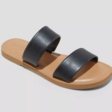 Universal Thread Womens Dora Sandals Black Two Band Slide Flat Shoes NEW