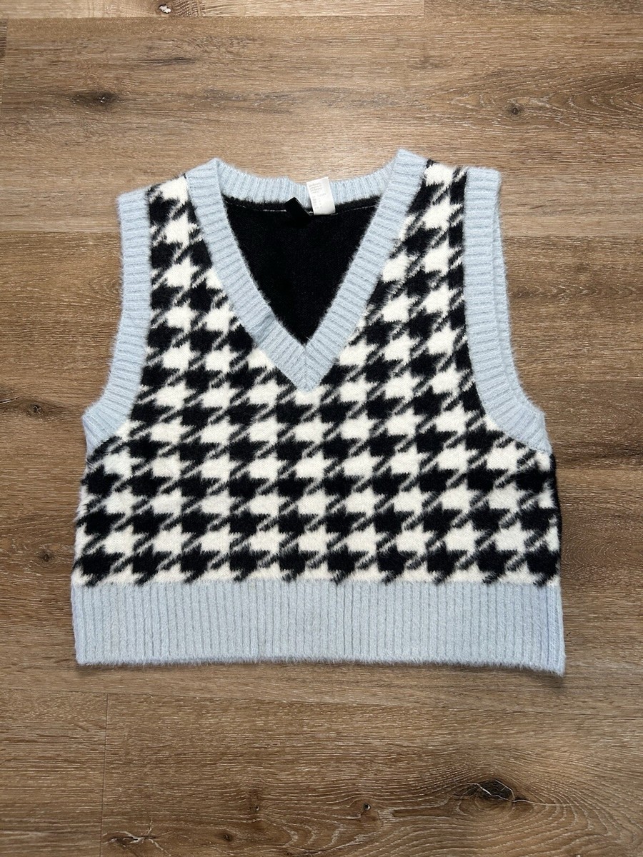 H&M Sweater Vest Houndstooth Divided Medium Jacquard Knit Blue Black Check  Fuzzy