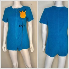 Vintage 1960s Aqua Terrycloth Romper Orange Floral Appliqu  60s Shorts Beach Mod