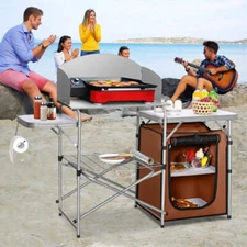 NNECW Folding Camping Table with Storage &amp Windscreen for BBQ &amp Party-Coff