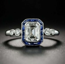 1.55Ct White Emerald Cut CZ-Stone Halo Art Deco Style Engagement Ring 925 Silver