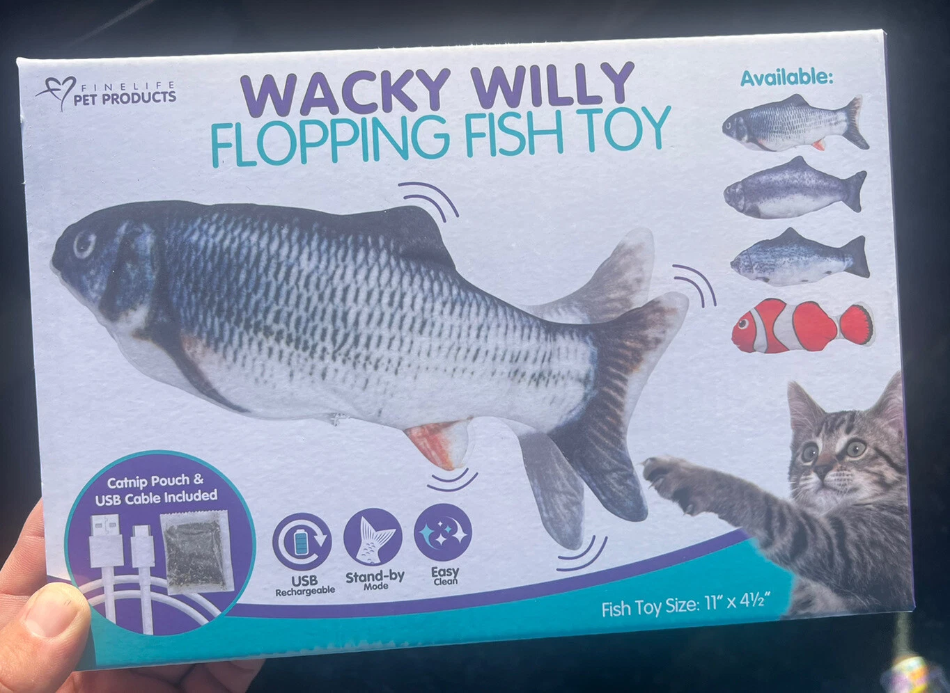 Flopping Fish Cat Toy ClownFish Rechargeable USB Wacky Willy 11" x 4.5" New