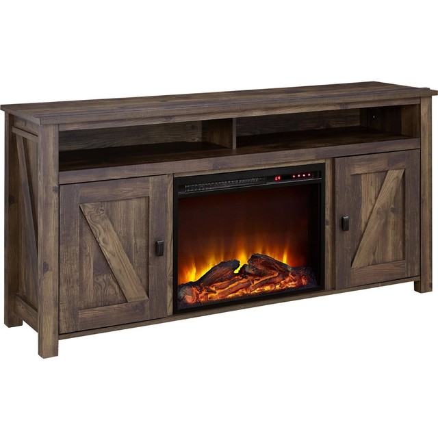 Electric Fireplace Console TV Stand Media Center Rustic 60 Inch Brown
