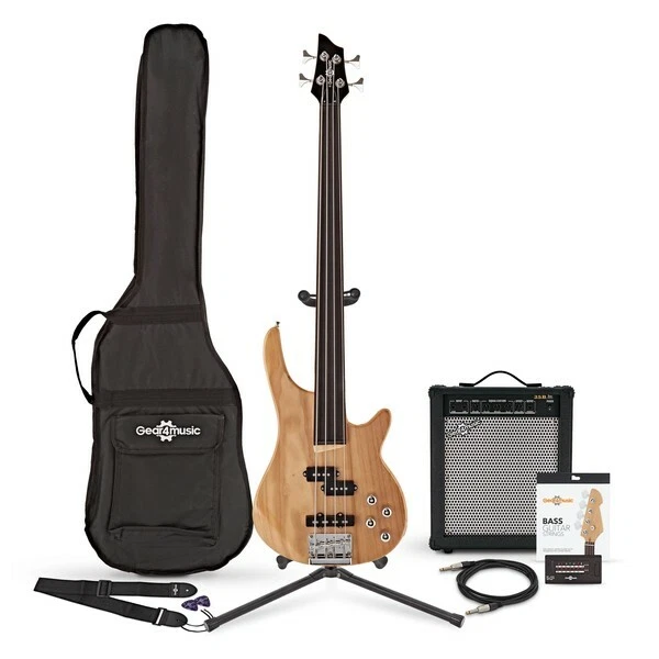 Chicago Fretless Bass Guitar 35W Amp Pack by Gear4music Natural