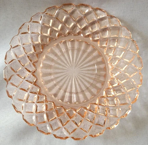 SET OF 4 PINK DEPRESSION GLASS LATTICE SAUCER / BREAD PLATES 6"