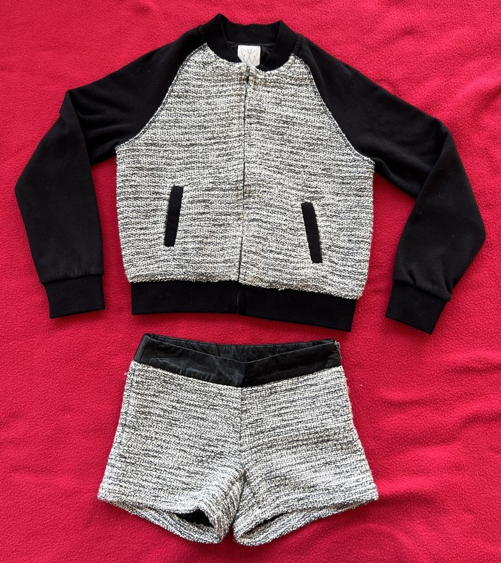 EUC Ella Moss Girls Black Ivory Metallic Poly Blend Jacket Top Shorts Set 7/8