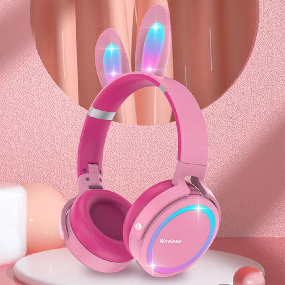 Wireless Cute Rabbit RGB Headset LED Mic Headphone For Kids Girls