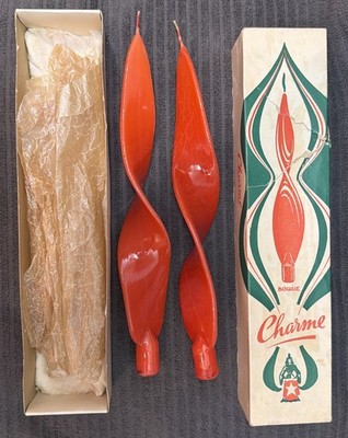 Charme Bougie Vtg MCM Pair Red 11  Holland made Twist Candle Sticks Spell Charm