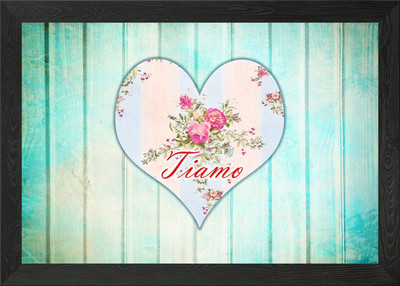 Tiamo, romantisches Rosenherz auf blau gerahmtes Wandbild Poster Leinwanddruck Bild