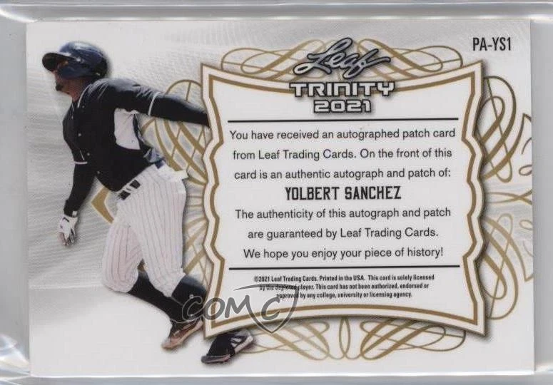 2021 Leaf Trinity Patch Auto Purple /25 Yolbert Sanchez #PA-YS1 Patch Auto - Image 2 of 2