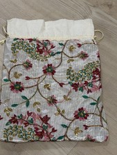 Ivory Floral Embroidered Beaded Drawstring Money Bag Pouch Gold Pink Green