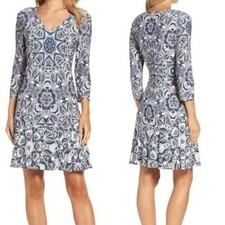 Eliza J Multicolor Printed A-Line 3/4 Sleeve V-Neck Dress Size 16 NWOT