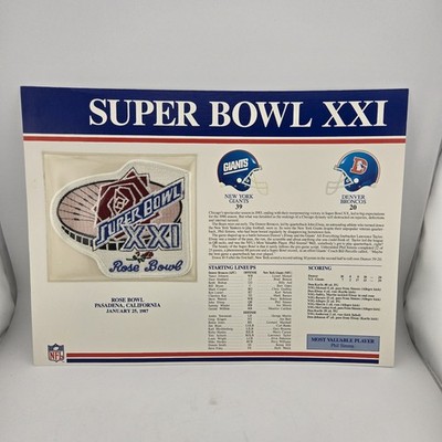 Vtg Super Bowl XXI 21 Patch Stat Sheet 1987 New York Giants Broncos NFL GIFT