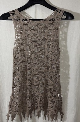 Crocheted Lace Fringe Swimsuit Cover-Up Overlay Tank Top Sheer Beach Pool T