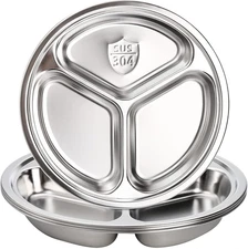 4 Pack Stainless Steel round Divided Plates, 9.5 Inch Dinner Snack Plates with 3
