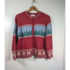Croft & Barrow Cardigan Sweater Size Large Fair Isle Christmas Birdseye Zip Tree