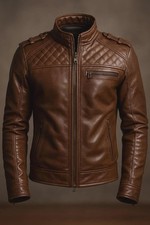 Men's Genuine Cowhide Leather Motorcycle Jacket Brown Cafe Racer Stand Collar