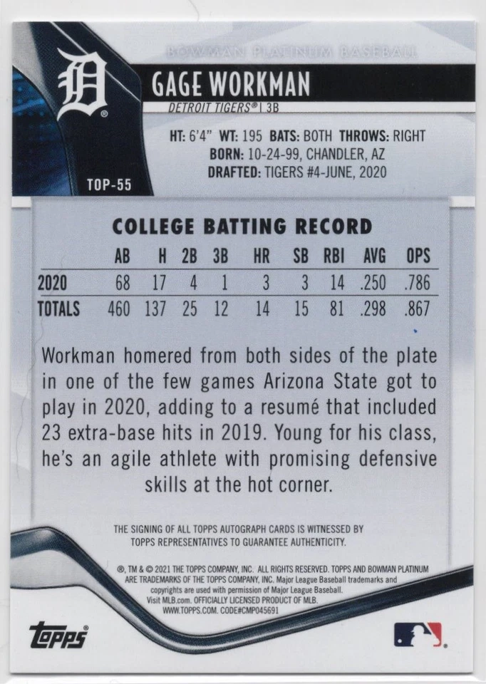 Gage Workman 2021 Bowman Platinum #TOP-55 Top Prospects Autographs - Image 2 of 2