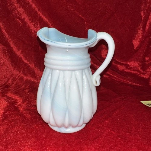 Vintage Blue Slag Kanawha Milk Glass Art Melon Pitcher 5 1/4" High