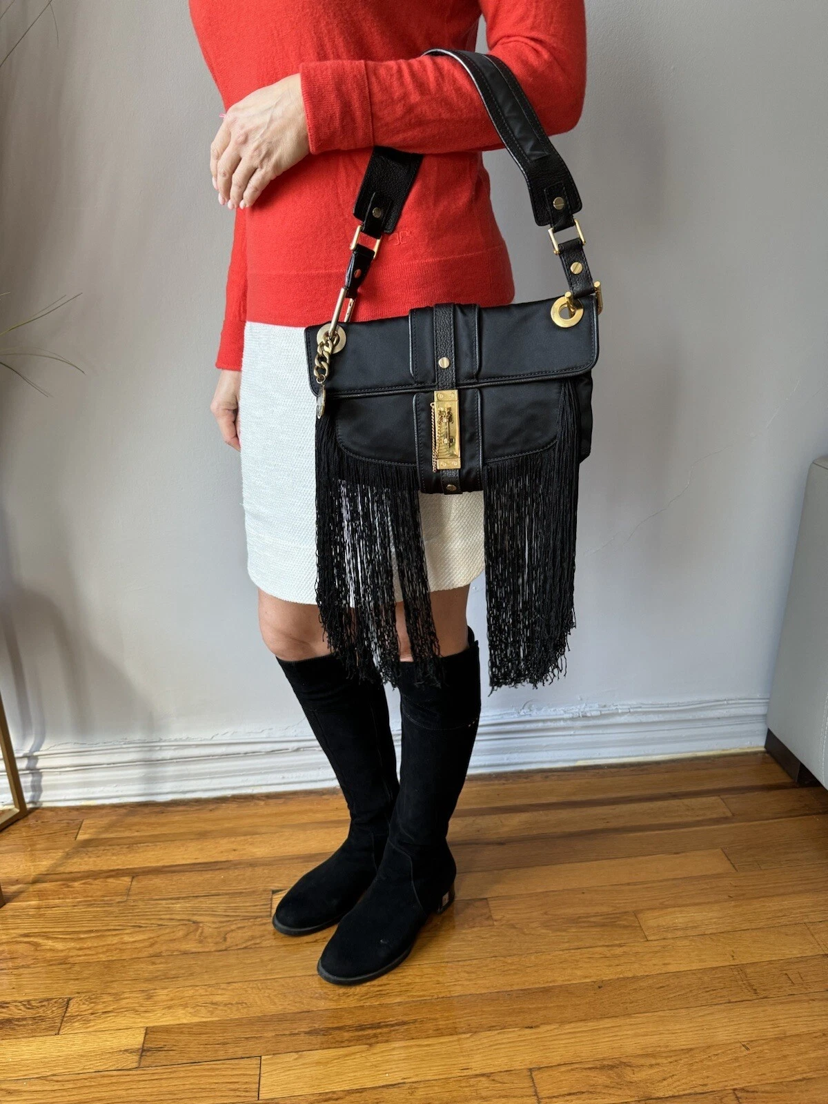 Lanvin — LANVIN HOBO NYLON LEATHER FRINGE TASSELS BLACK EVENING SMALL SHOULDER BAG PARIS