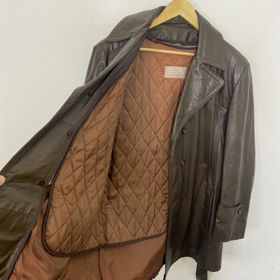 Abrigo De Colección Sears Hombres 44 Cuero Marrón Oscuro Forrado Cinturón Hipster Disco Años 70 Foto 3 de 4
