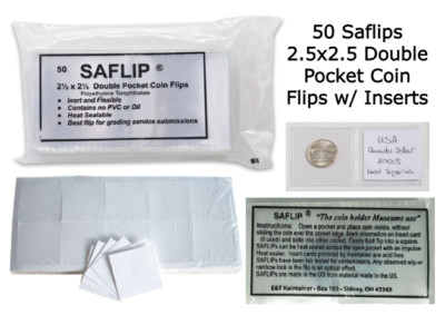 Coin Collecting Flips Saflip Saflips 2.5 x 2.5 Mylar 50 Archival + INSERTS FREE
