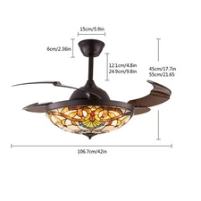 Tiffany Ceiling Fan with Light Glass Shade , LED Retractable Chandelier Stained