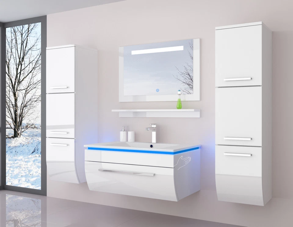 Badmöbel Set montiert Weiss oder Schwarz Hochglanz Badezimmermöbel Bis 6 tlg LED - Bild 4 von 4